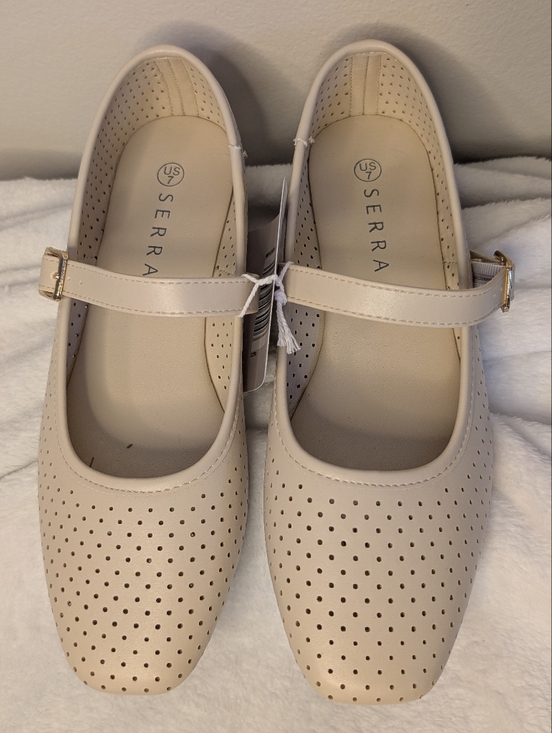 Serra Shoes - Serra Beige Perforated Mary Jane Flats